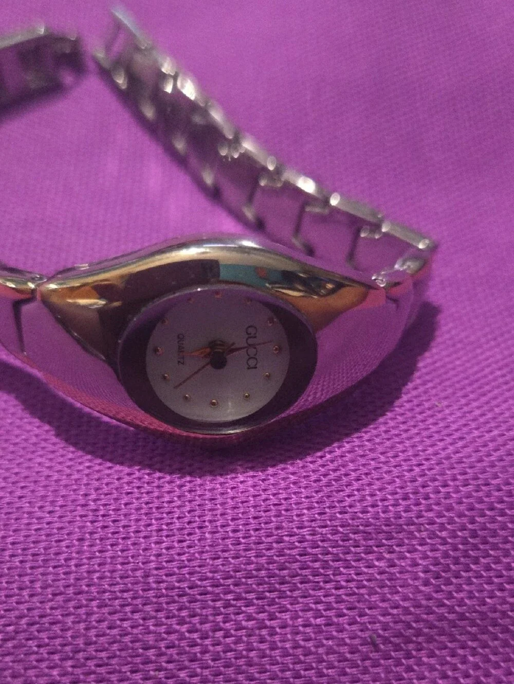Gucci Silver-Tone Bracelet Watch with White Dial and Gold Accents